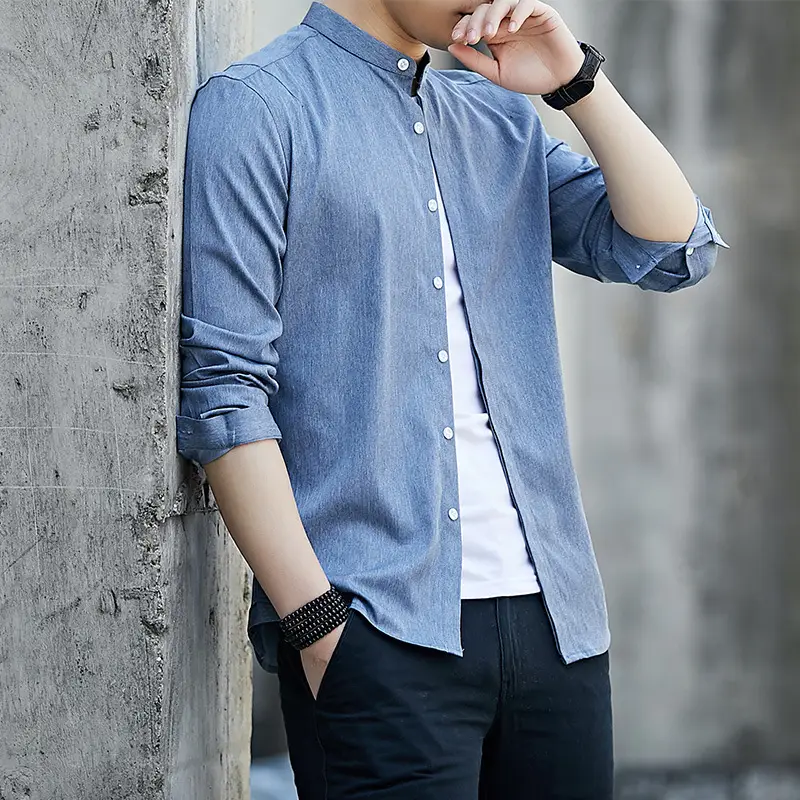 Men's Long Sleeve Button Down Shirt Blue Casual Wear - Image 7