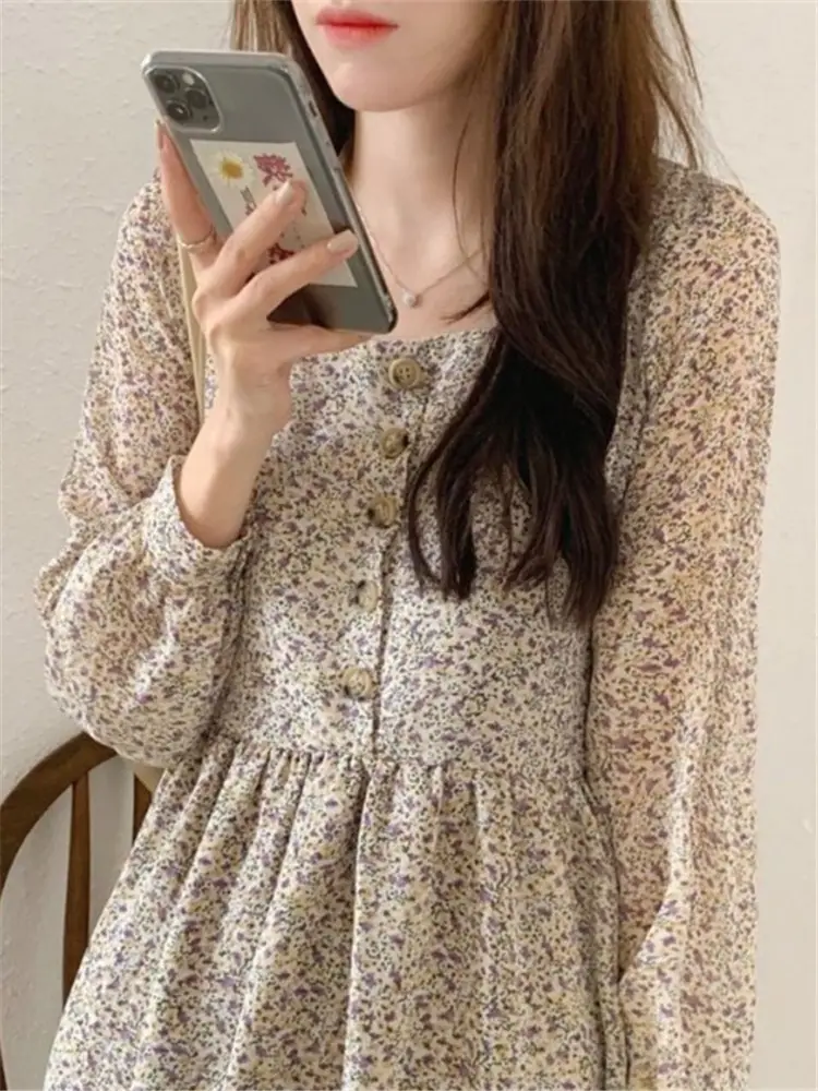 Chiffon Floral Long Sleeve Square Collar Dress Women