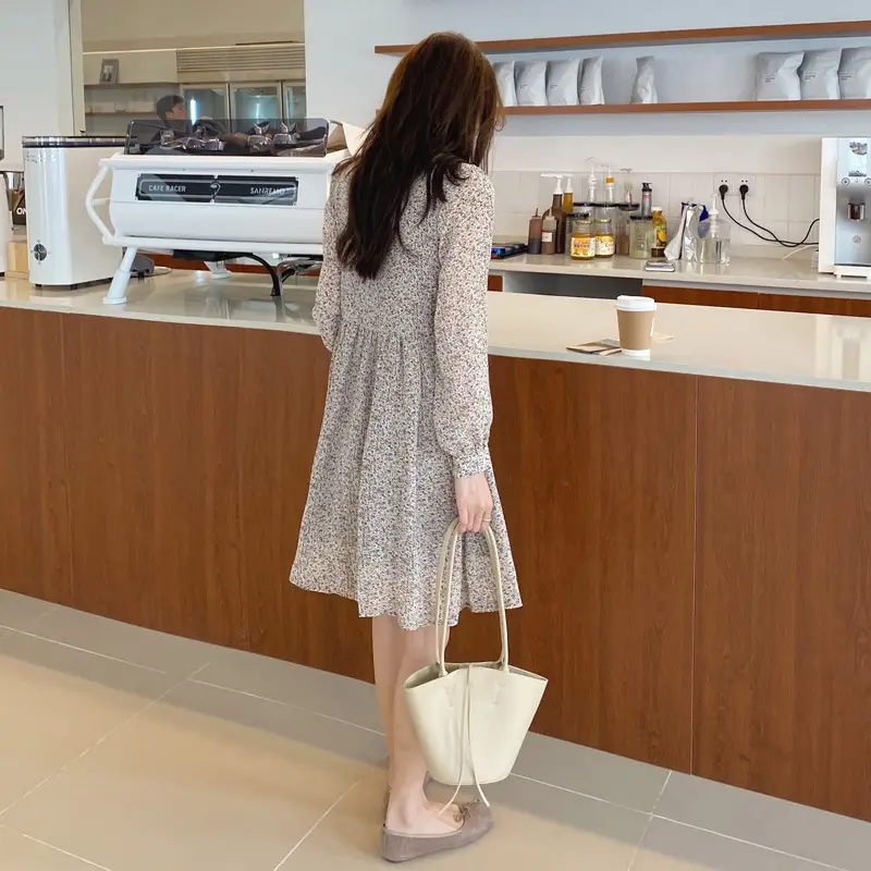 Chiffon Floral Long Sleeve Square Collar Dress Women