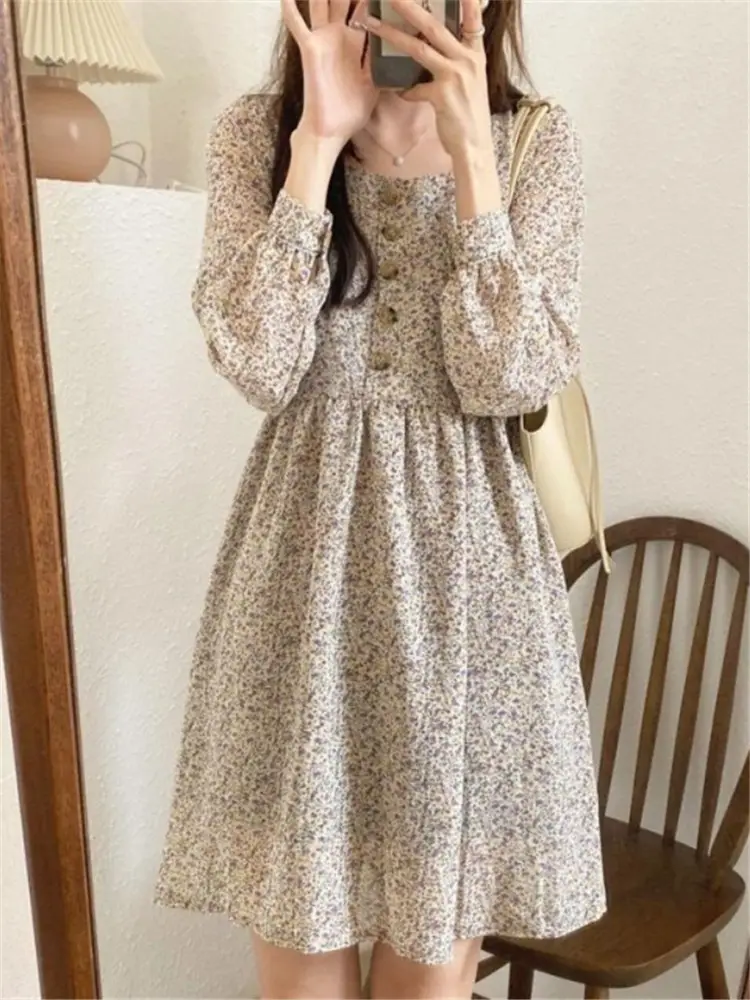 Chiffon Floral Long Sleeve Square Collar Dress Women — feature 5