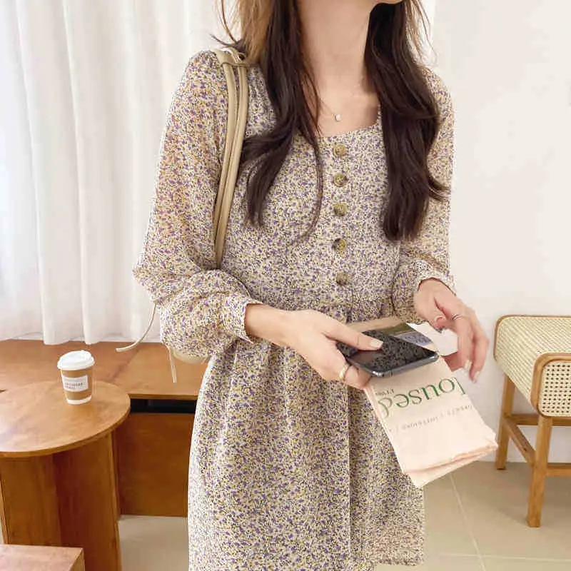 Chiffon Floral Long Sleeve Square Collar Dress Women — feature 8