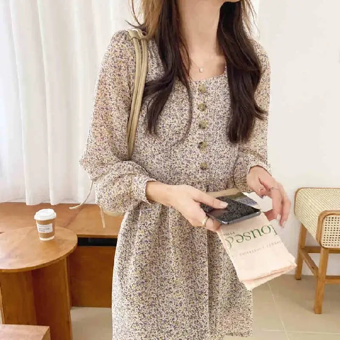 Chiffon Floral Long Sleeve Square Collar Dress Women