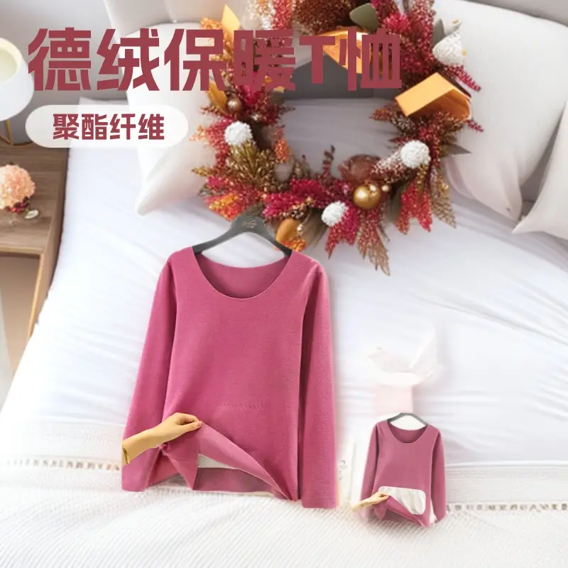 2020 Winter Women's Fleece Lined Thermal T-Shirt Pink Plus Size - Image 10