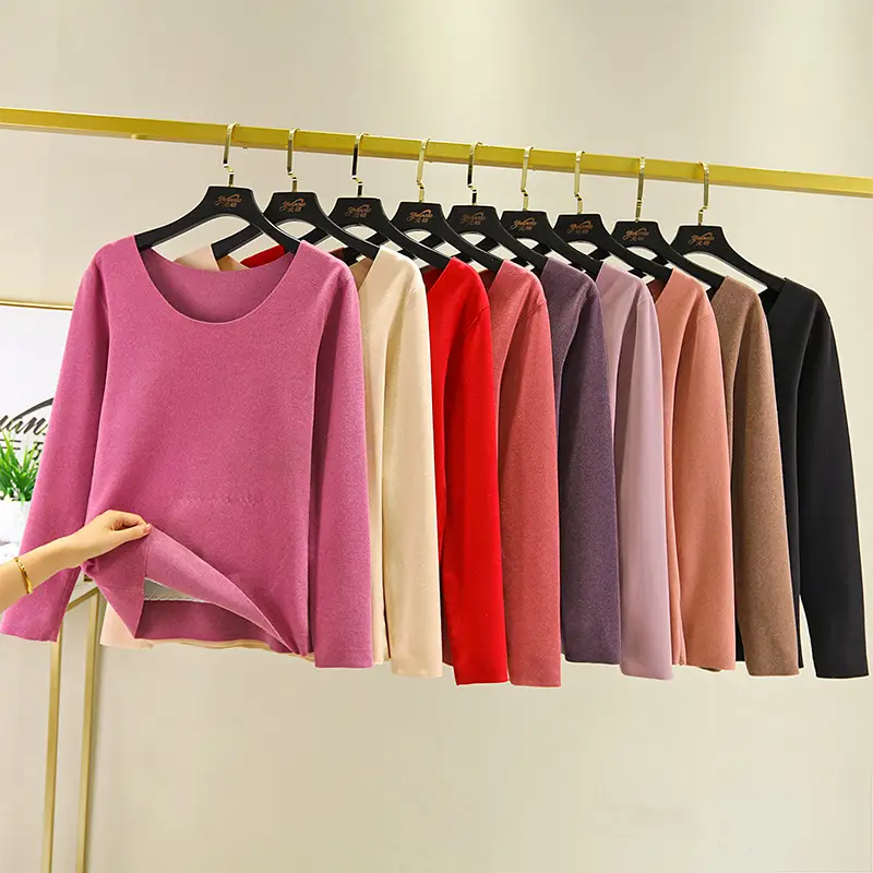 2020 Winter Women's Fleece Lined Thermal T-Shirt Pink Plus Size - Image 11