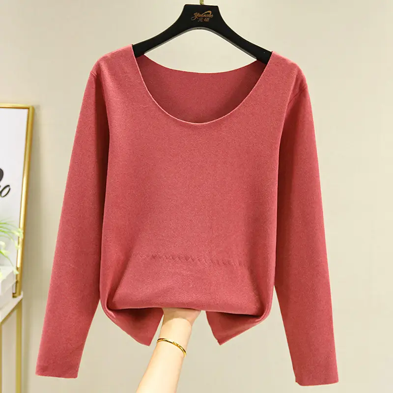 2020 Winter Women's Fleece Lined Thermal T-Shirt Pink Plus Size - Image 12