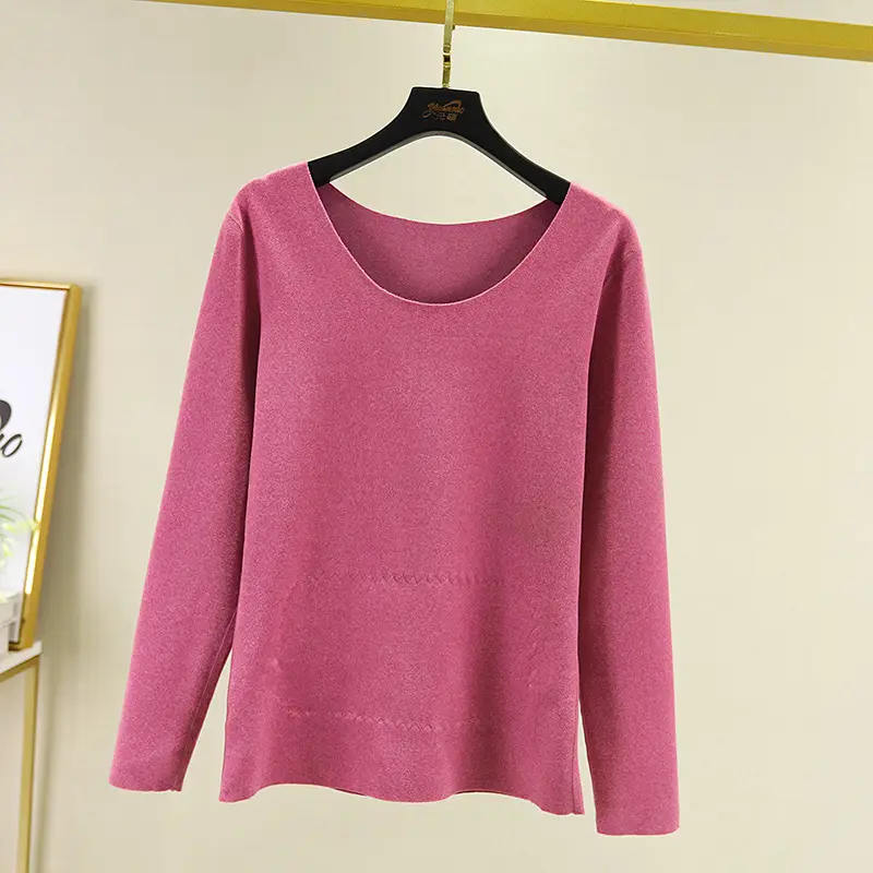 2020 Winter Women's Fleece Lined Thermal T-Shirt Pink Plus Size - Image 2