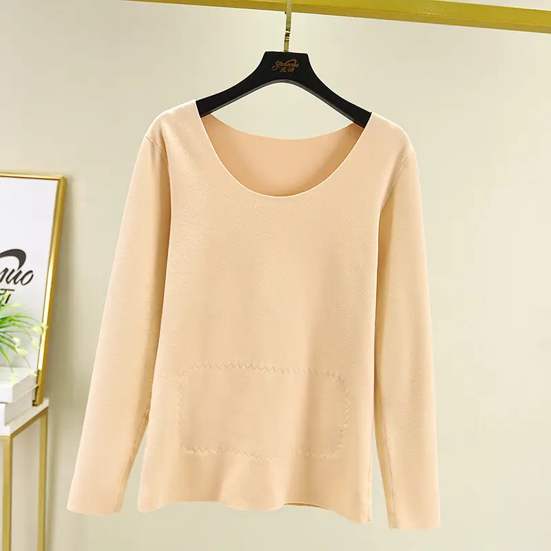 2020 Winter Women's Fleece Lined Thermal T-Shirt Pink Plus Size - Image 3