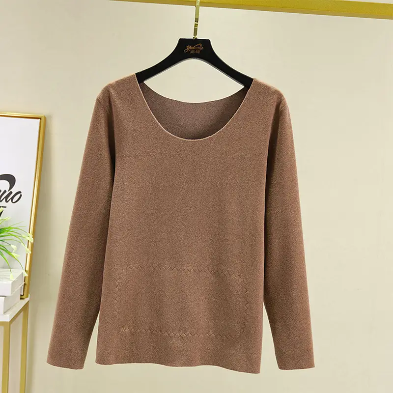 2020 Winter Women's Fleece Lined Thermal T-Shirt Pink Plus Size - Image 4