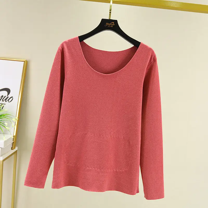 2020 Winter Women's Fleece Lined Thermal T-Shirt Pink Plus Size - Image 6