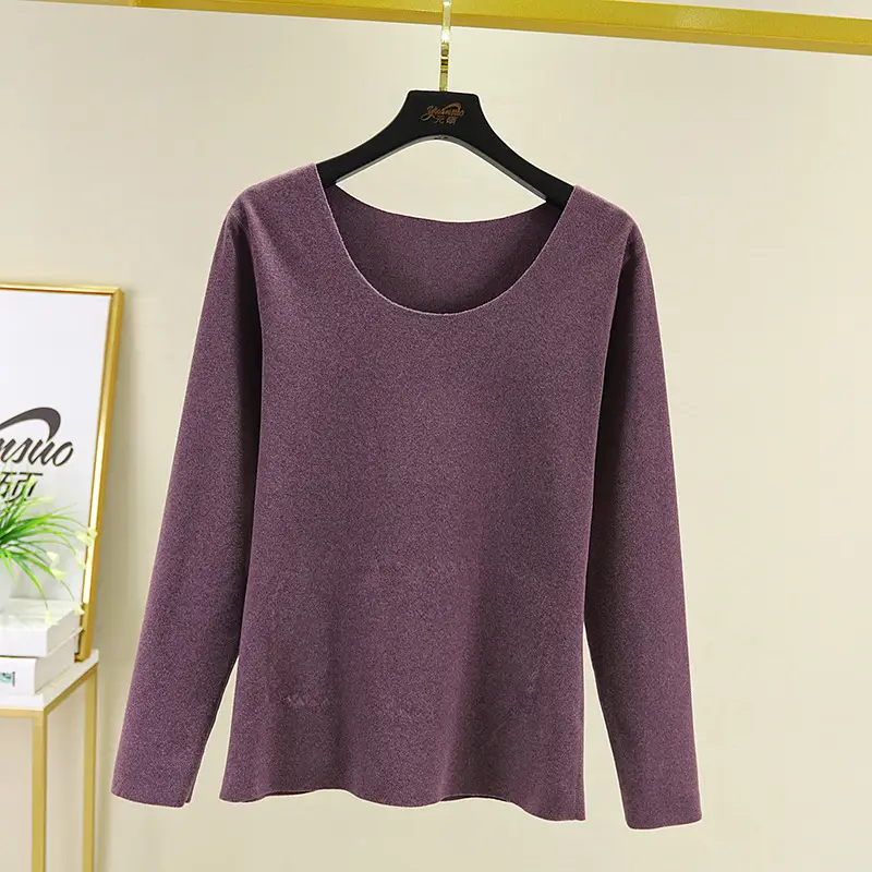 2020 Winter Women's Fleece Lined Thermal T-Shirt Pink Plus Size - Image 7