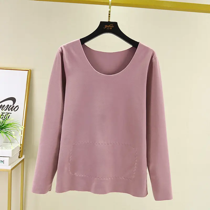 2020 Winter Women's Fleece Lined Thermal T-Shirt Pink Plus Size - Image 8