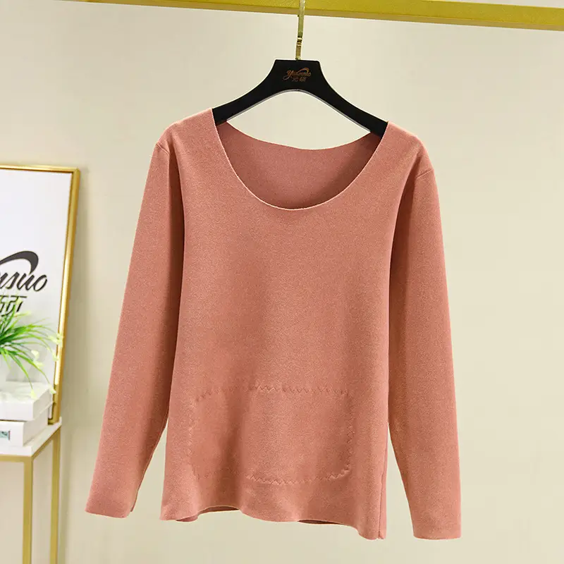 2020 Winter Women's Fleece Lined Thermal T-Shirt Pink Plus Size - Image 9