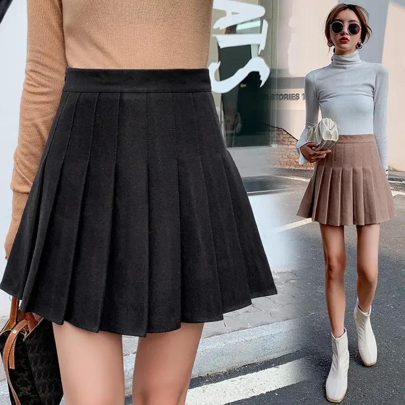 Women Woolen Pleated Skirt Black High Waist