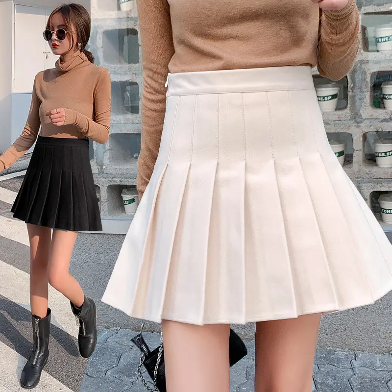 Women Woolen Pleated Skirt Black High Waist
