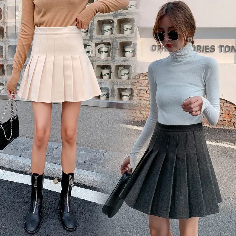 Women Woolen Pleated Skirt Black High Waist