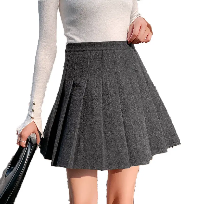 Women Woolen Pleated Skirt Black High Waist