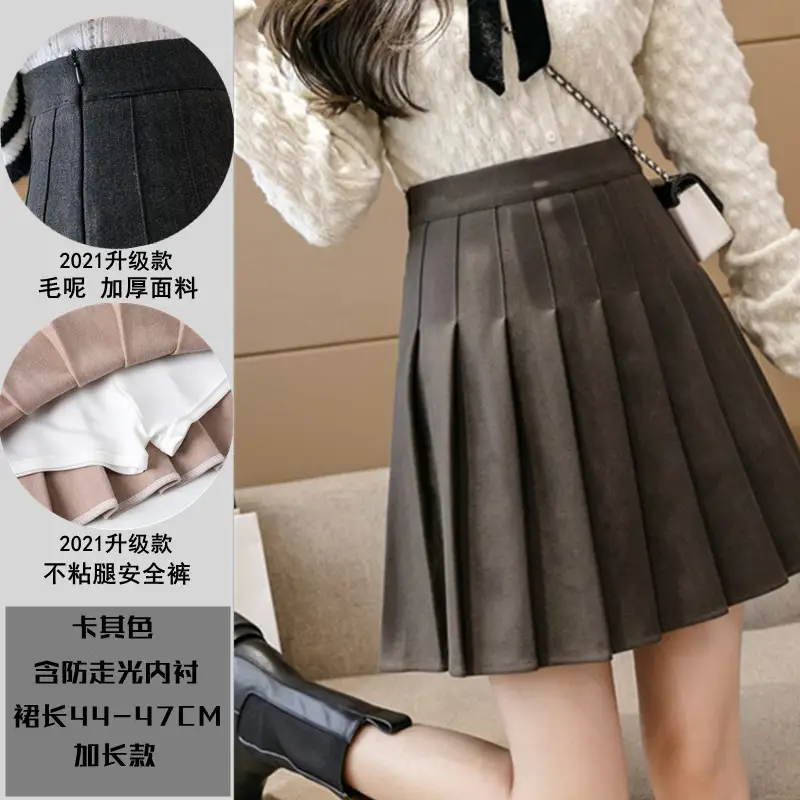 Women Woolen Pleated Skirt Black High Waist
