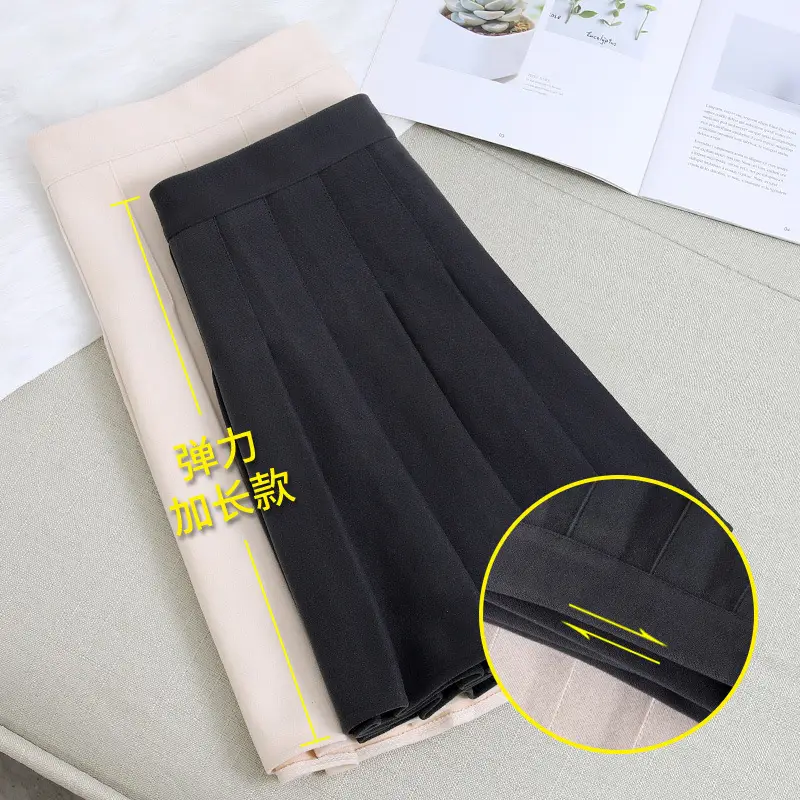 Women Woolen Pleated Skirt Black High Waist