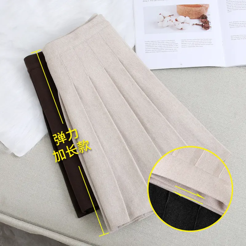 Women Woolen Pleated Skirt Black High Waist