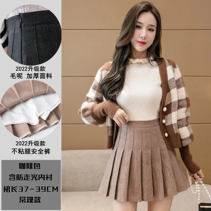 Women Woolen Pleated Skirt Black High Waist