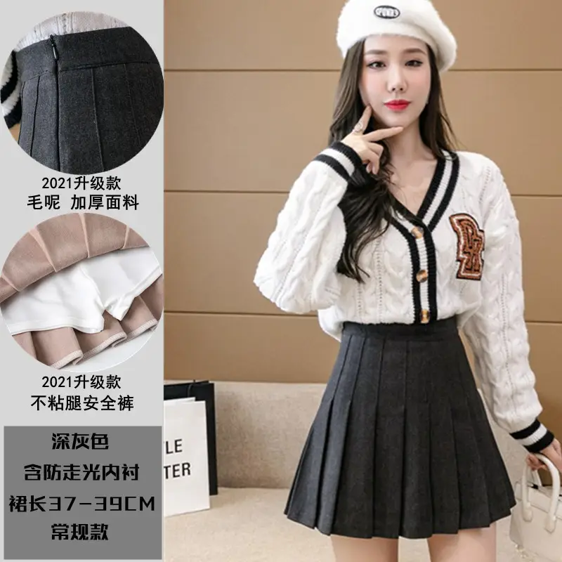 Women Woolen Pleated Skirt Black High Waist