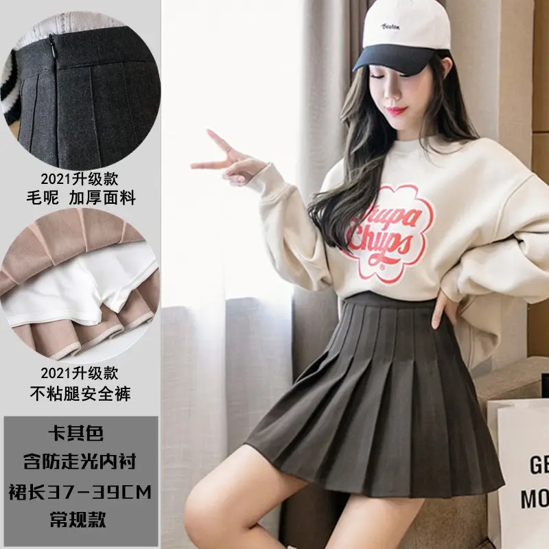 Women Woolen Pleated Skirt Black High Waist