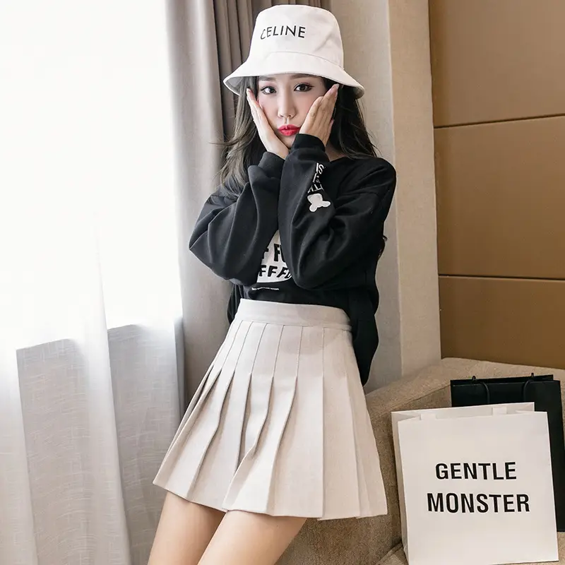 Women Woolen Pleated Skirt Black High Waist
