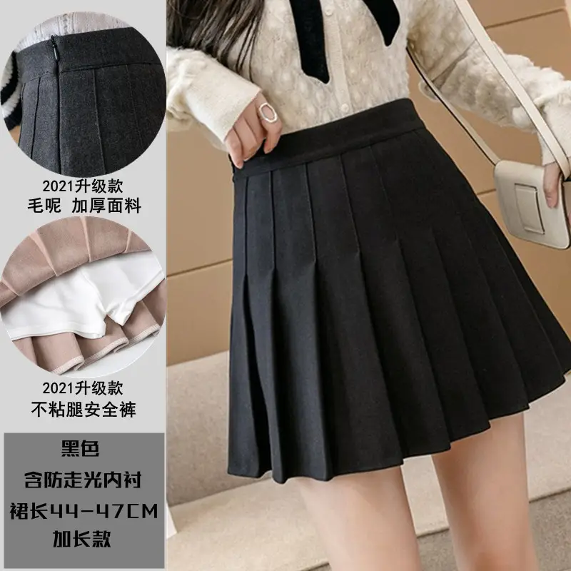 Women Woolen Pleated Skirt Black High Waist