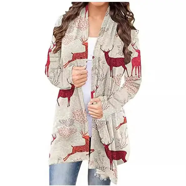 Women's Christmas Digital Print Long Sleeve Cardigan Blue