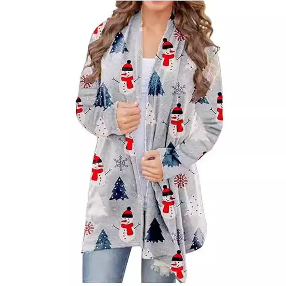 Women's Christmas Digital Print Long Sleeve Cardigan Blue