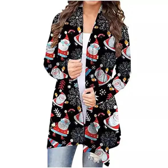 Women's Christmas Digital Print Long Sleeve Cardigan Blue