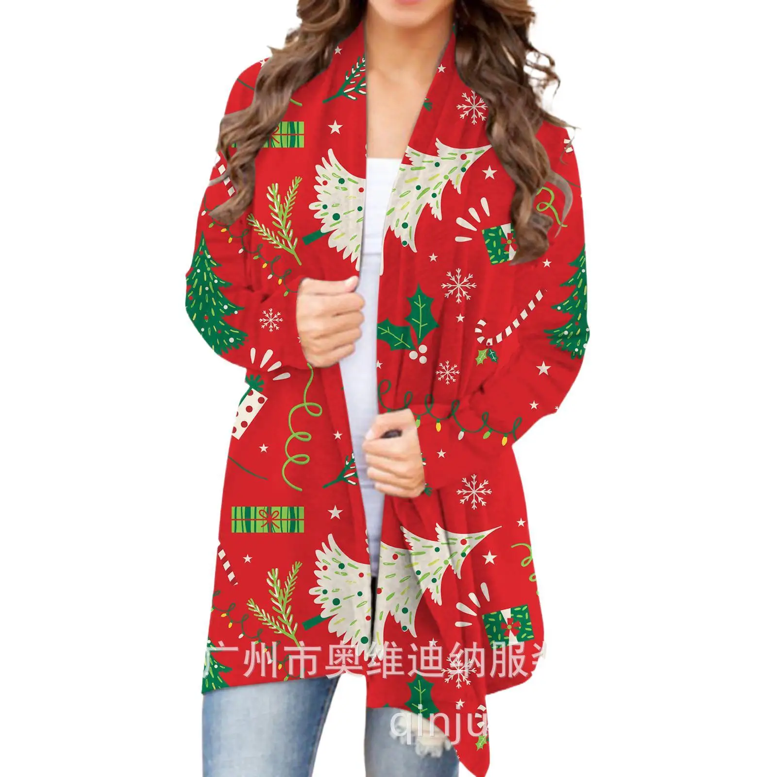Women's Christmas Digital Print Long Sleeve Cardigan Blue