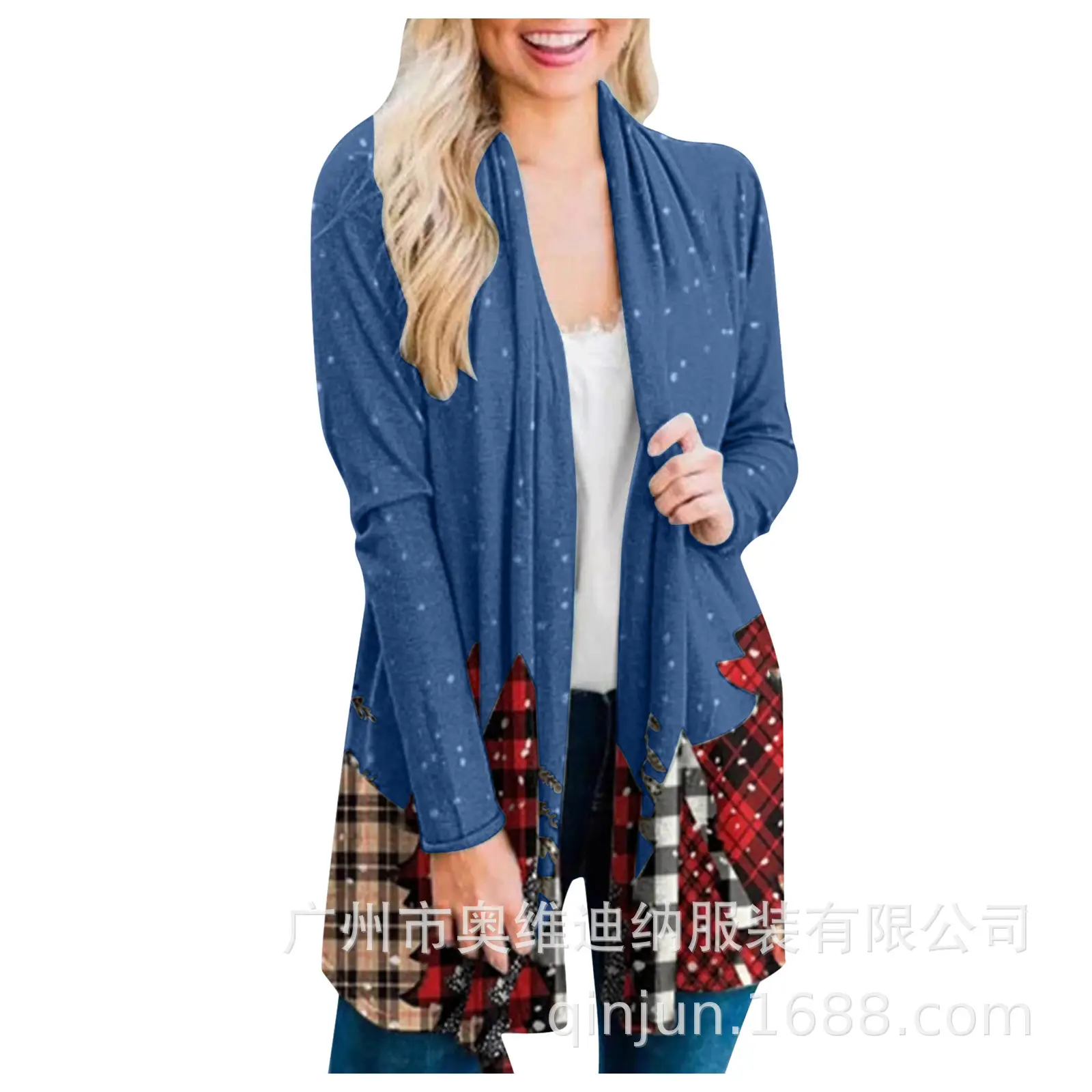 Women's Christmas Digital Print Long Sleeve Cardigan Blue — feature 1