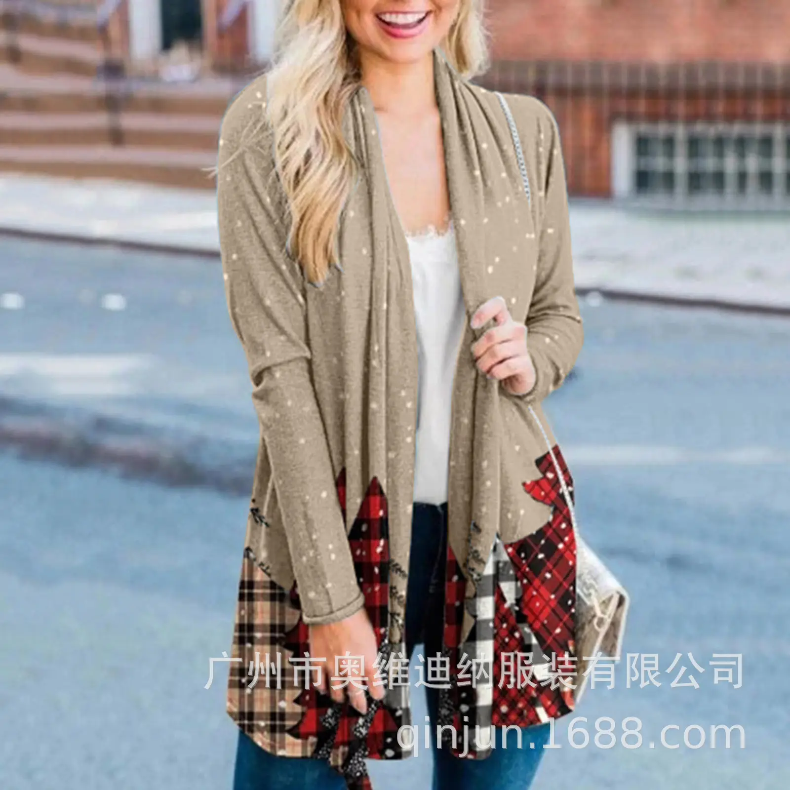 Women's Christmas Digital Print Long Sleeve Cardigan Blue — feature 10