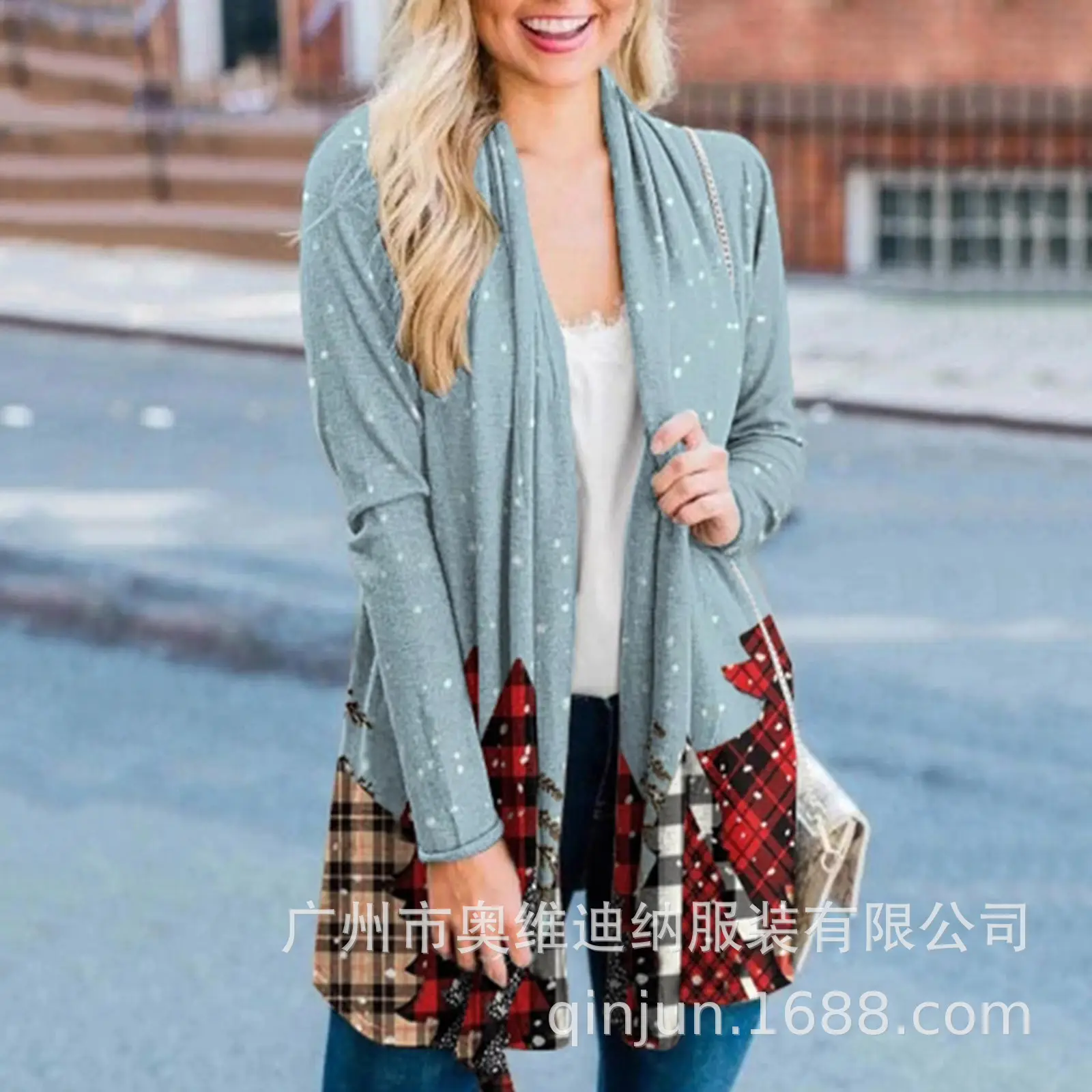 Women's Christmas Digital Print Long Sleeve Cardigan Blue — feature 12