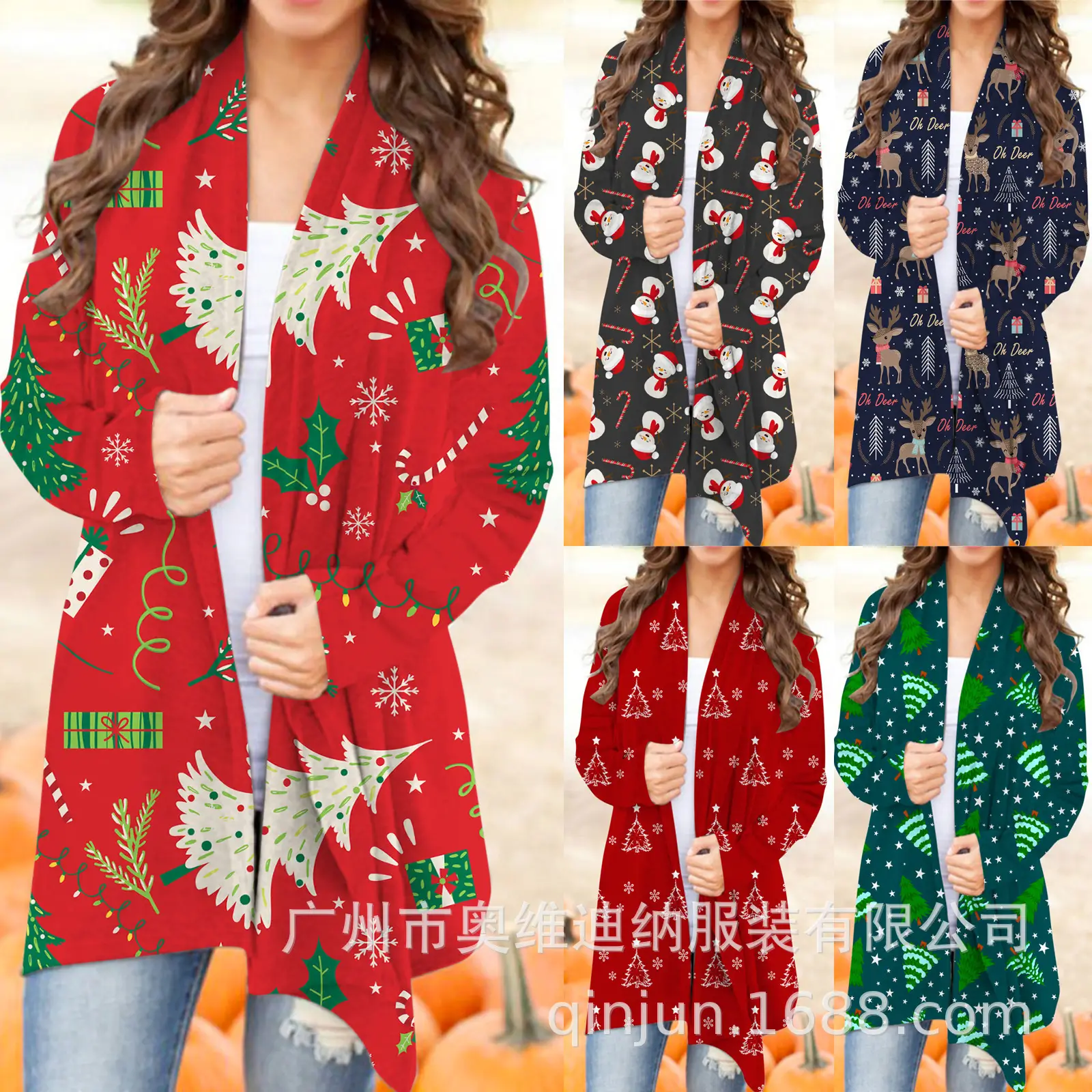 Women's Christmas Digital Print Long Sleeve Cardigan Blue — feature 14
