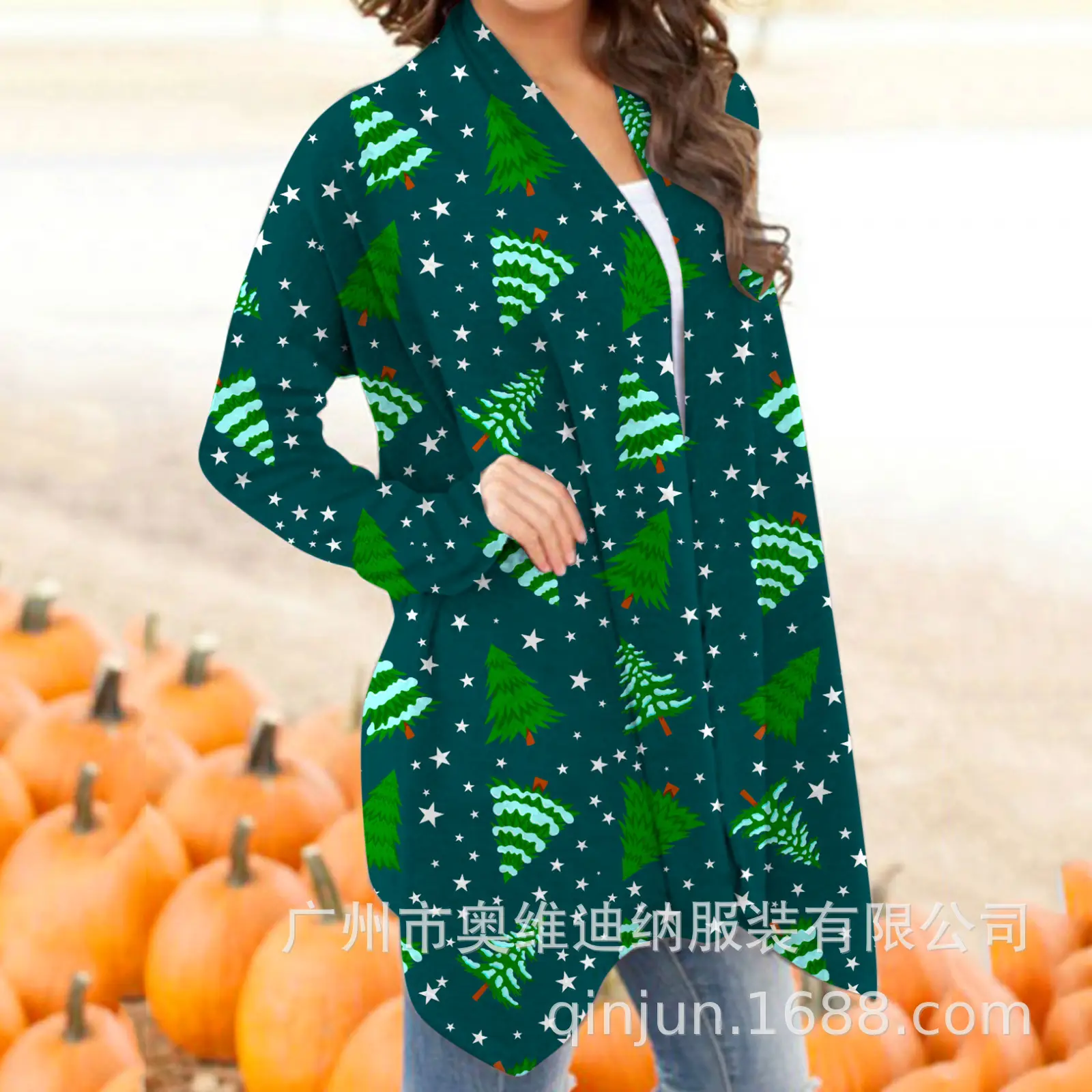 Women's Christmas Digital Print Long Sleeve Cardigan Blue — feature 17