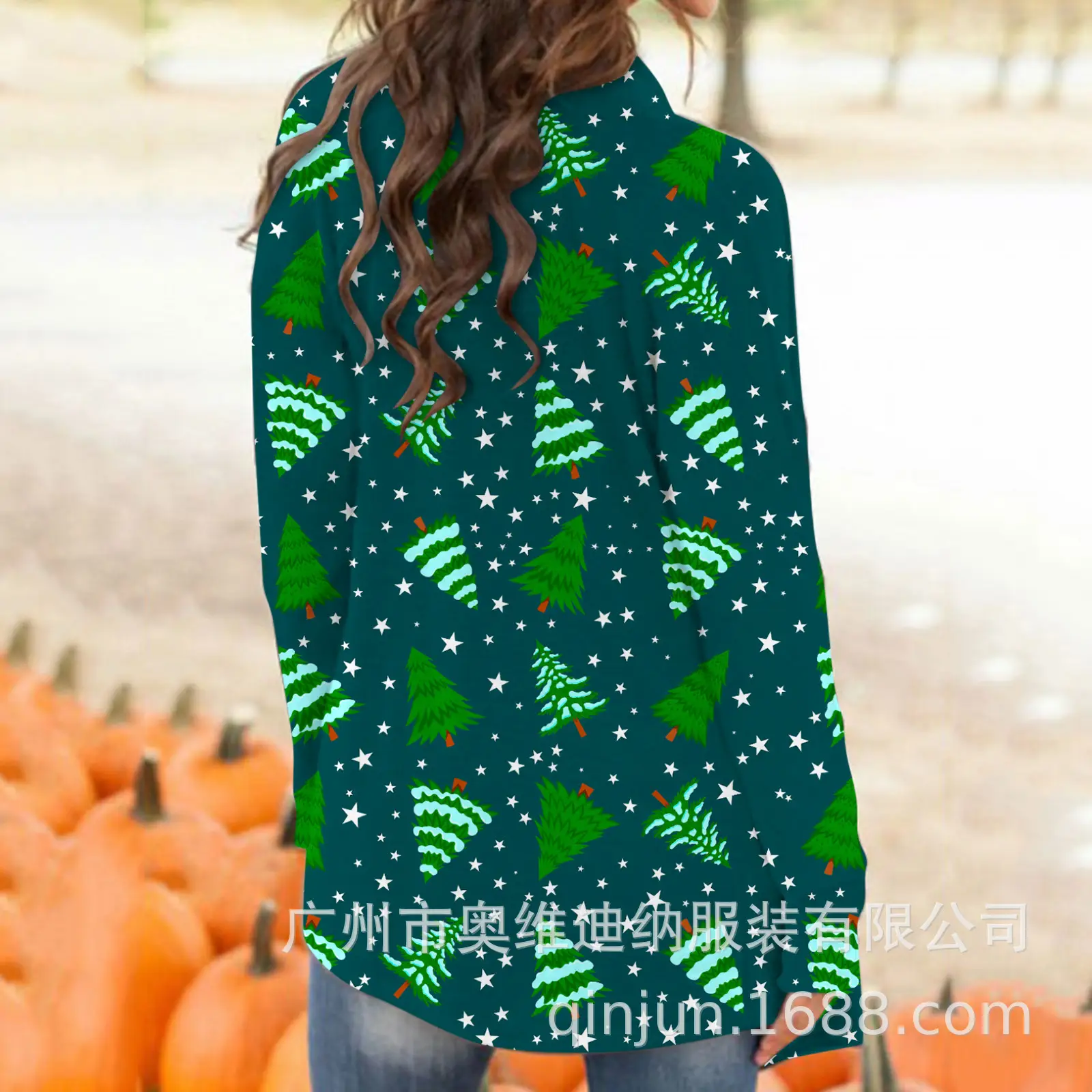 Women's Christmas Digital Print Long Sleeve Cardigan Blue — feature 18