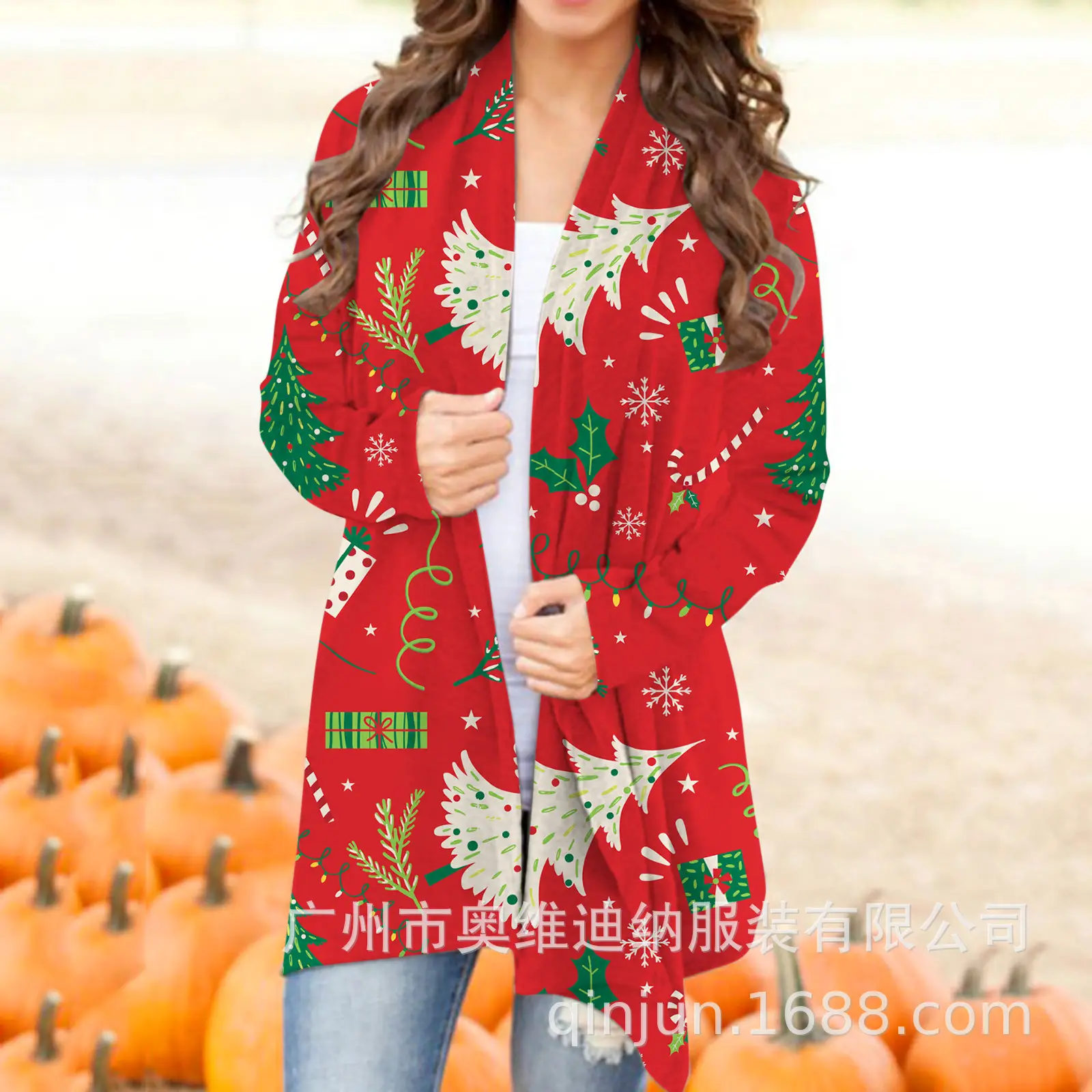 Women's Christmas Digital Print Long Sleeve Cardigan Blue — feature 22