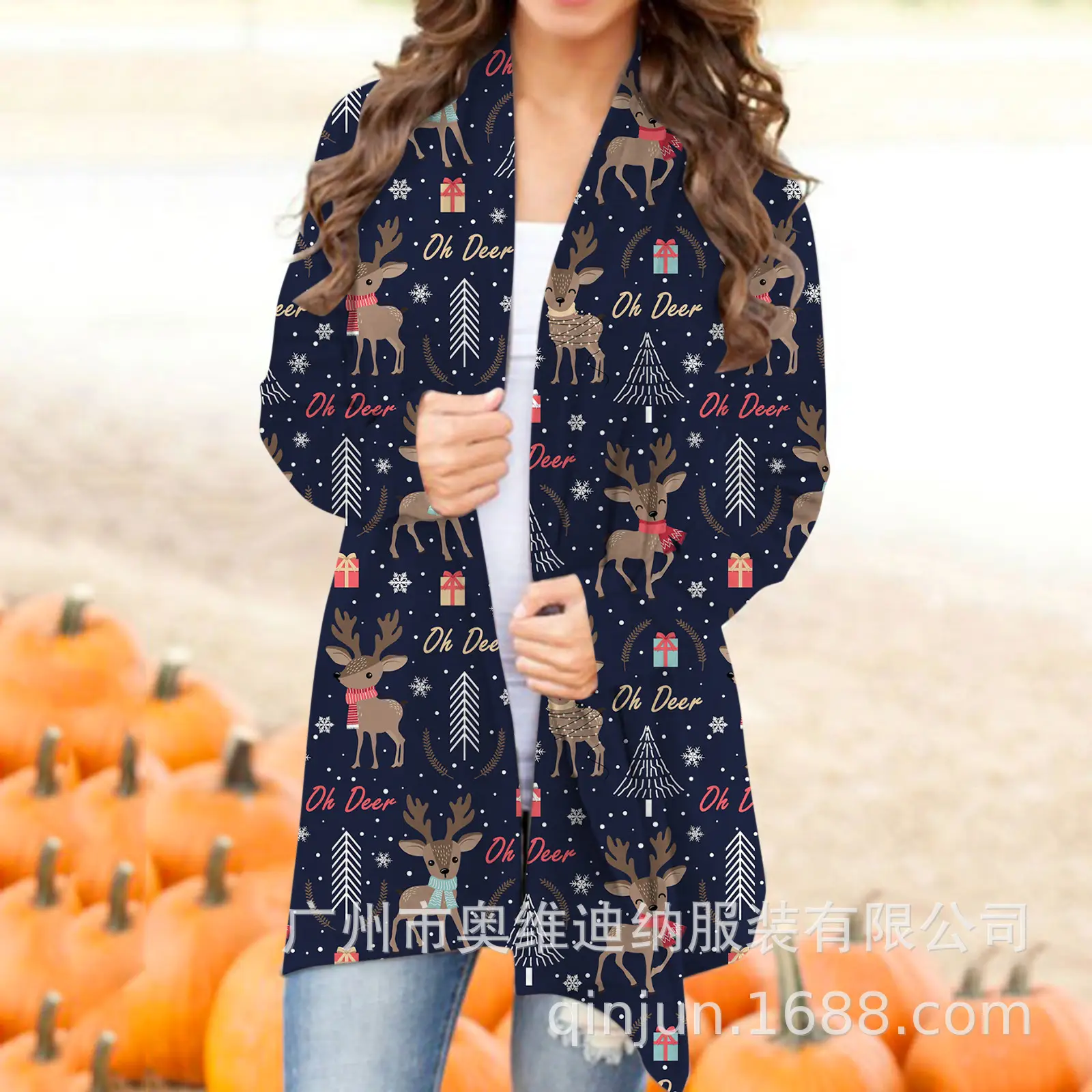 Women's Christmas Digital Print Long Sleeve Cardigan Blue — feature 23