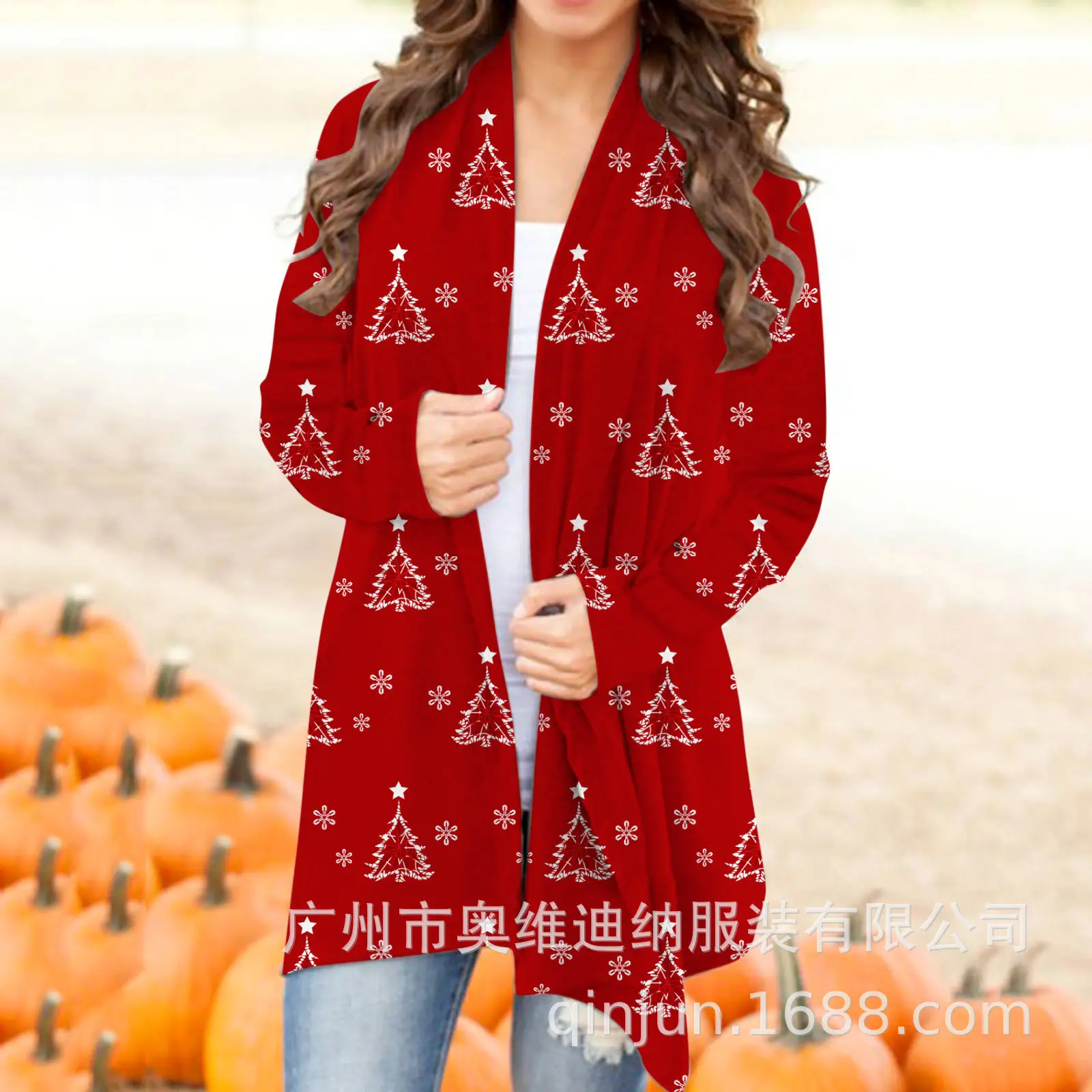 Women's Christmas Digital Print Long Sleeve Cardigan Blue — feature 24