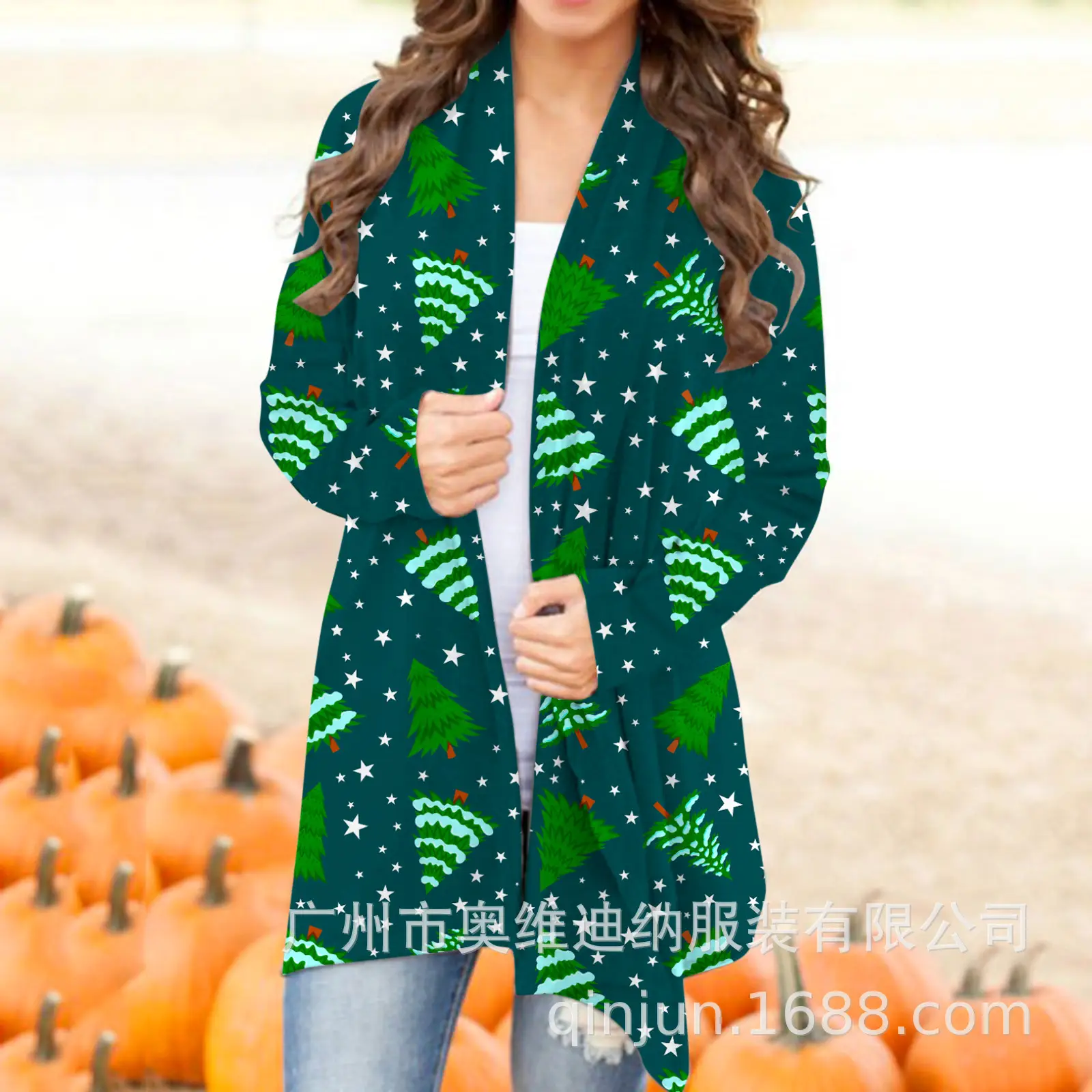 Women's Christmas Digital Print Long Sleeve Cardigan Blue — feature 25