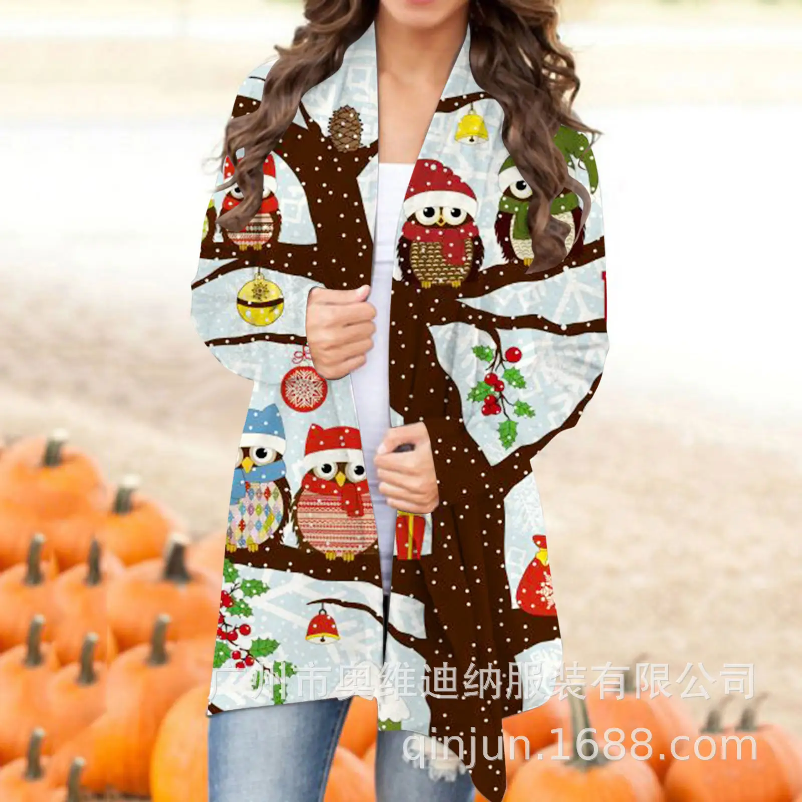 Women's Christmas Digital Print Long Sleeve Cardigan Blue — feature 27