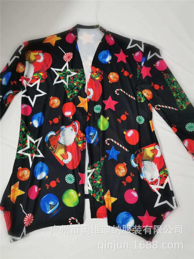 Women's Christmas Digital Print Long Sleeve Cardigan Blue — feature 29