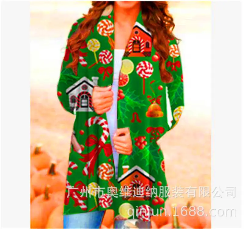 Women's Christmas Digital Print Long Sleeve Cardigan Blue — feature 39