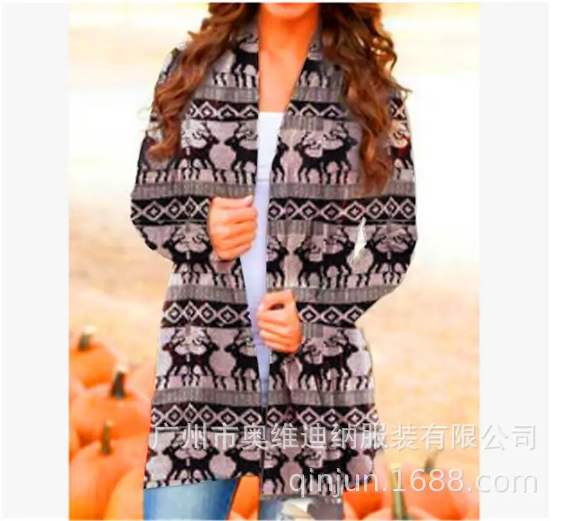 Women's Christmas Digital Print Long Sleeve Cardigan Blue — feature 42