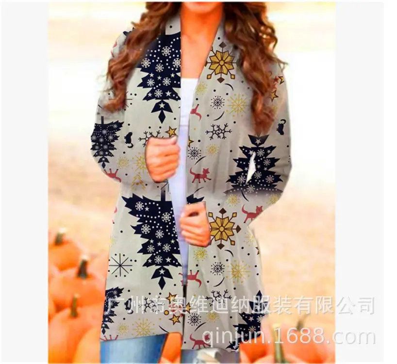 Women's Christmas Digital Print Long Sleeve Cardigan Blue — feature 43