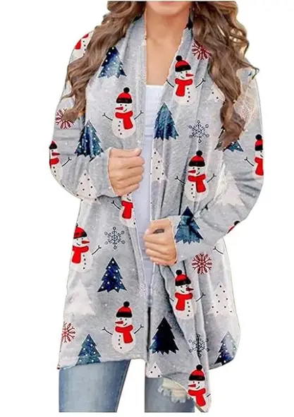 Women's Christmas Digital Print Long Sleeve Cardigan Blue — feature 48