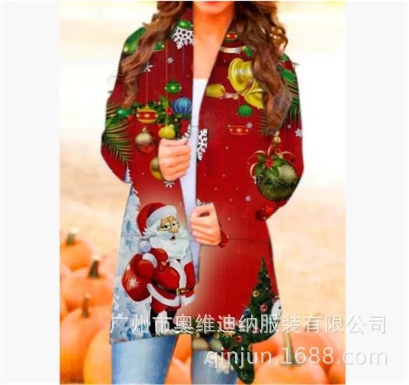 Women's Christmas Digital Print Long Sleeve Cardigan Blue