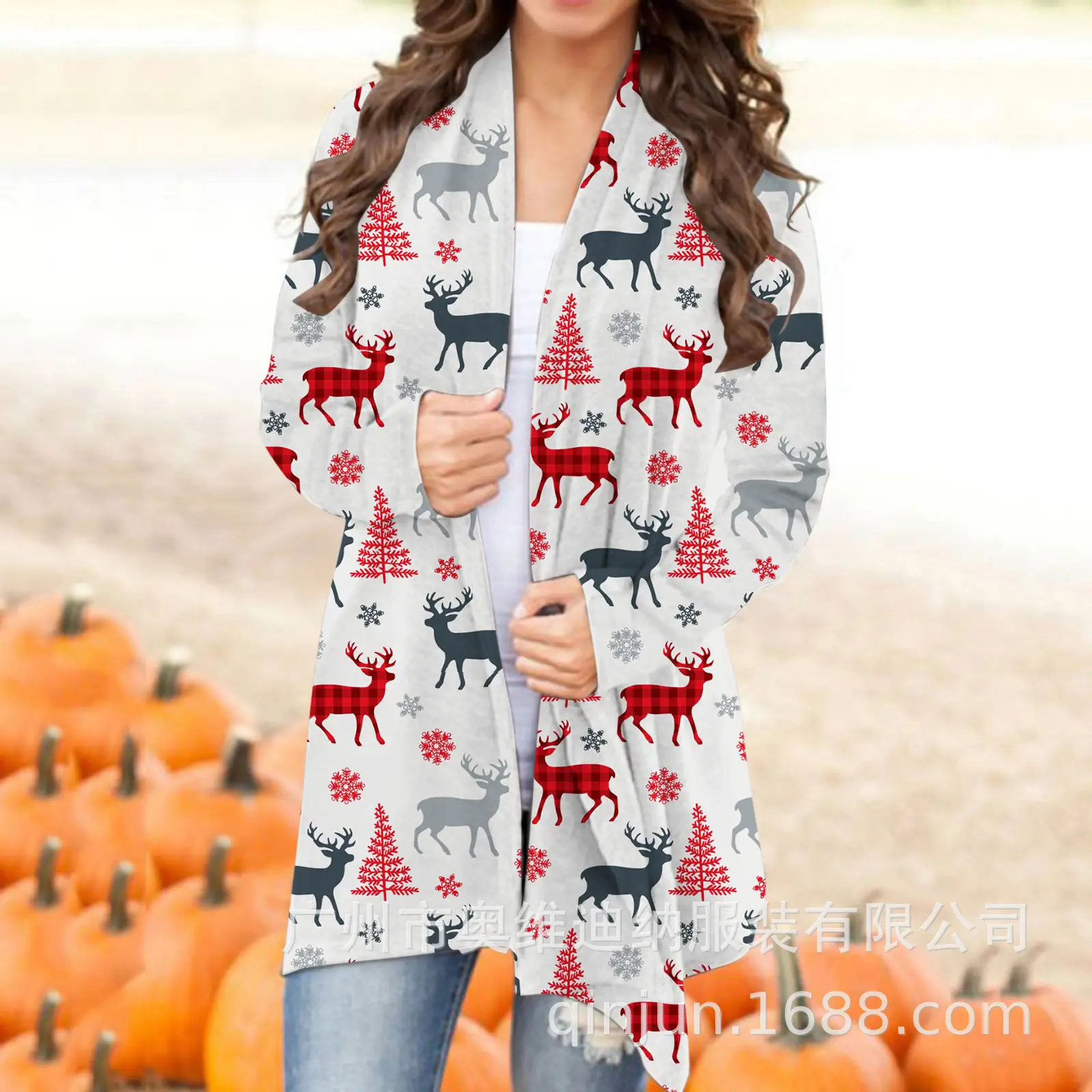 Women's Christmas Digital Print Long Sleeve Cardigan Blue